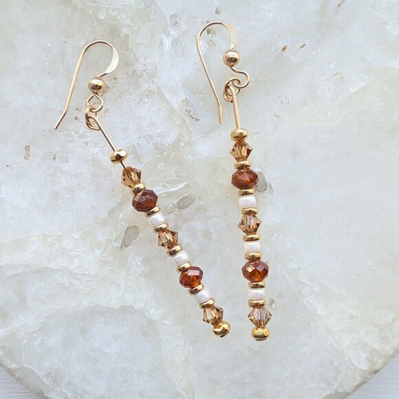 Gold Hessonite Garnet Dainty Drop Dangle Earrings - Picture 1 of 6